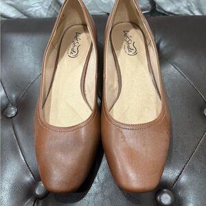 Life Stride Tan Leather-Look Square-Toe Ballet Flats